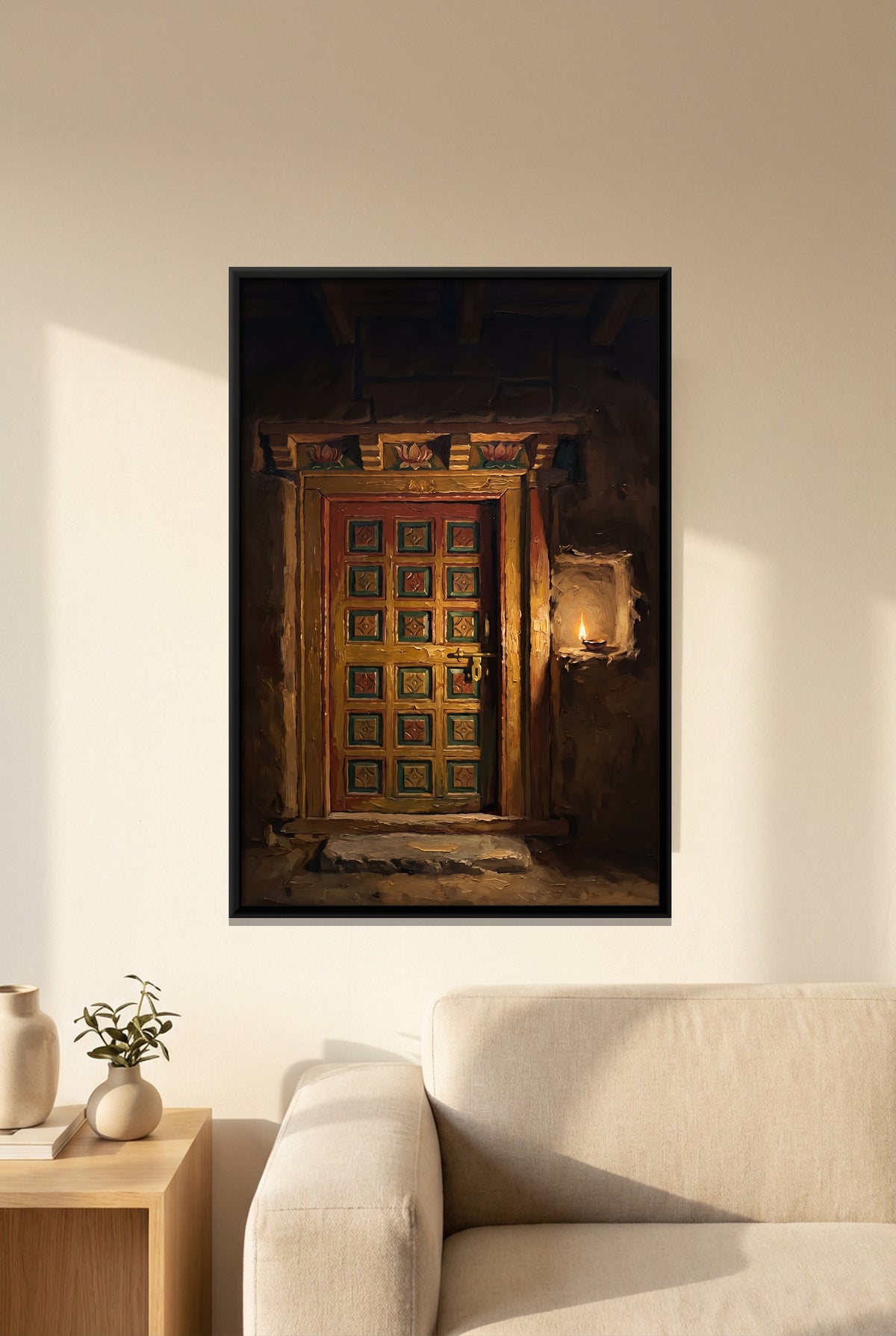 Painted Ladakhi Door with Oil Lamp - canvas art shown in a styled room