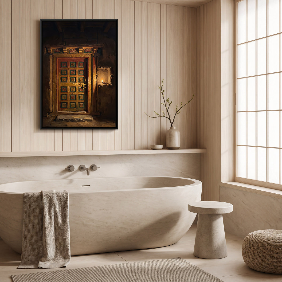 Painted Ladakhi Door with Oil Lamp - canvas art shown in a second room setting