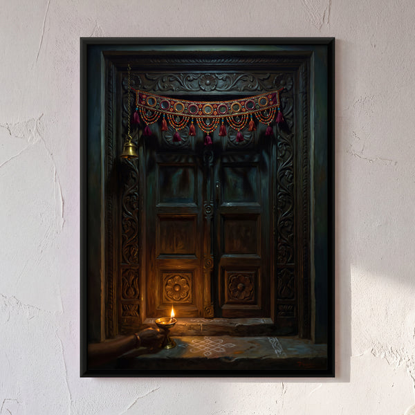 Carved Wooden Door with Toran and Lit Diya
