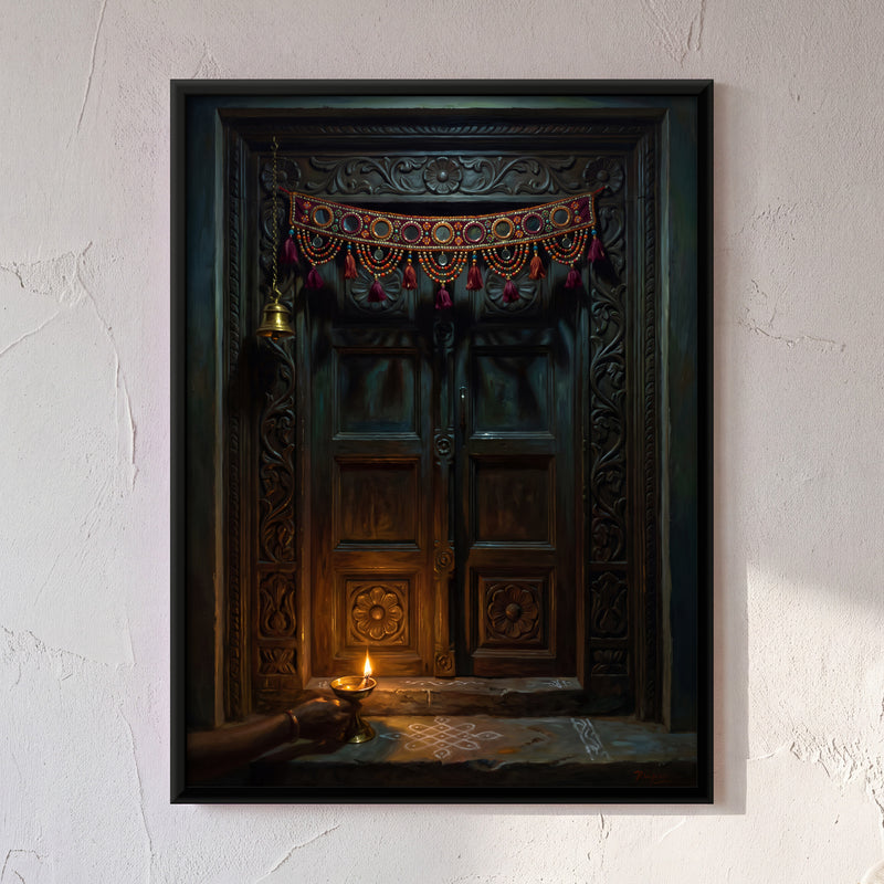Carved Wooden Door with Toran - framed canvas art hung on a wall