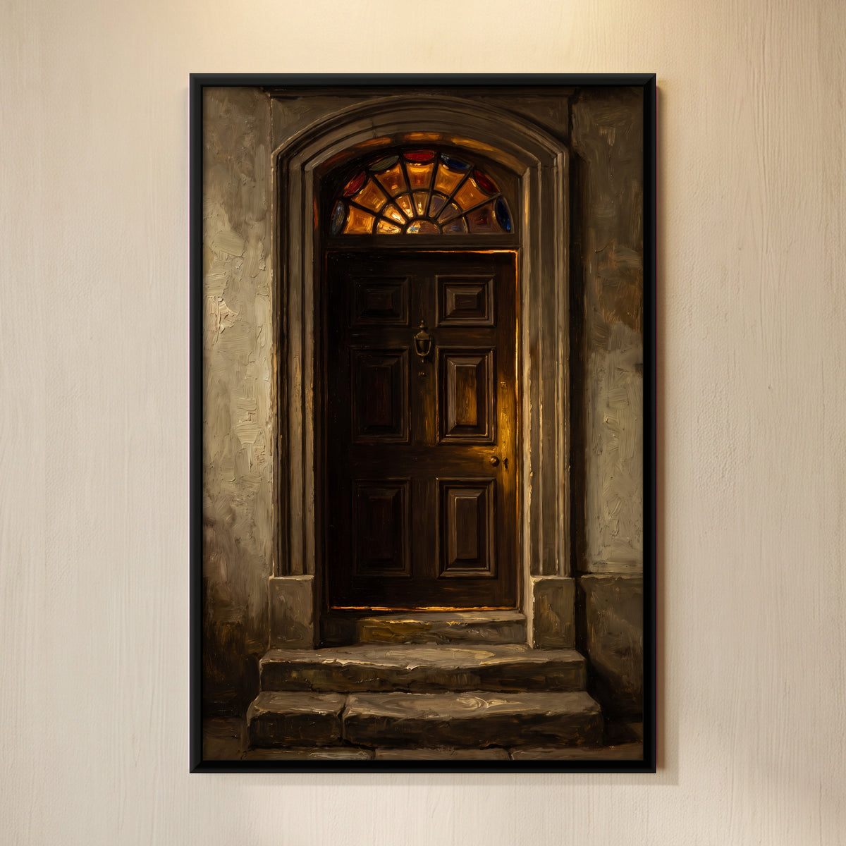 Wooden Door with Stained Glass Fanlight - framed canvas art hung on a wall