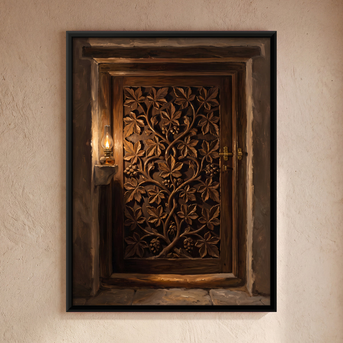 Carved Floral Wooden Door - framed canvas art hung on a wall