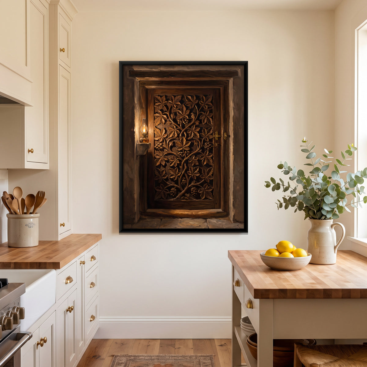 Carved Floral Wooden Door - canvas art shown in a second room setting