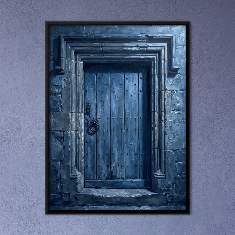 Blue Wooden Door in Stone Frame - framed canvas art hung on a wall