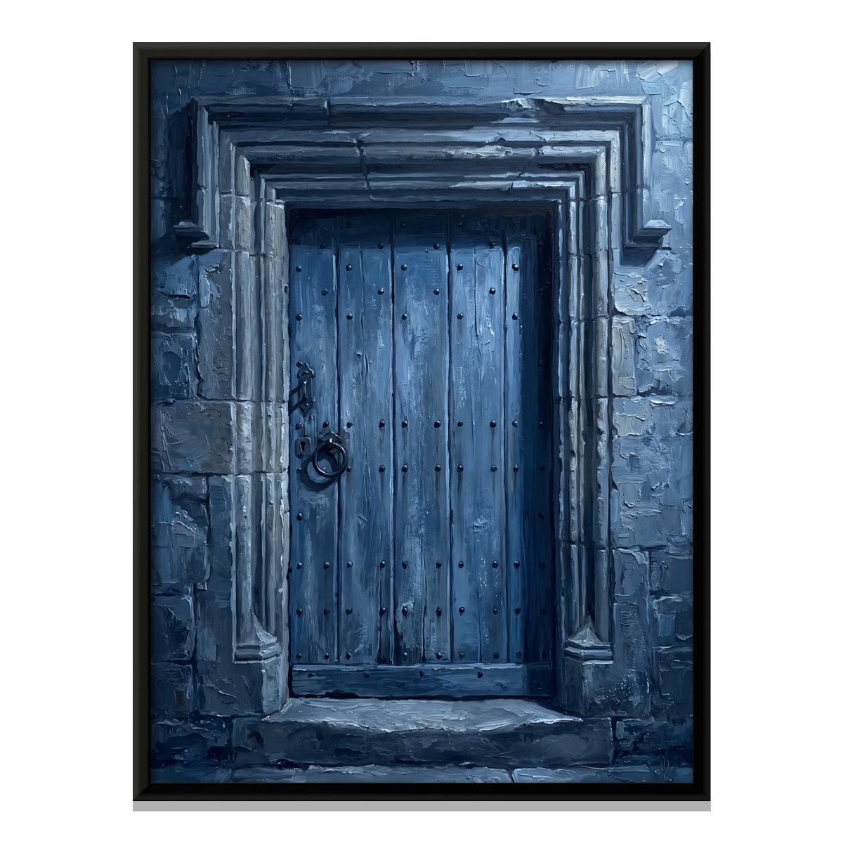 Blue Wooden Door in Stone Frame - framed canvas print, front view