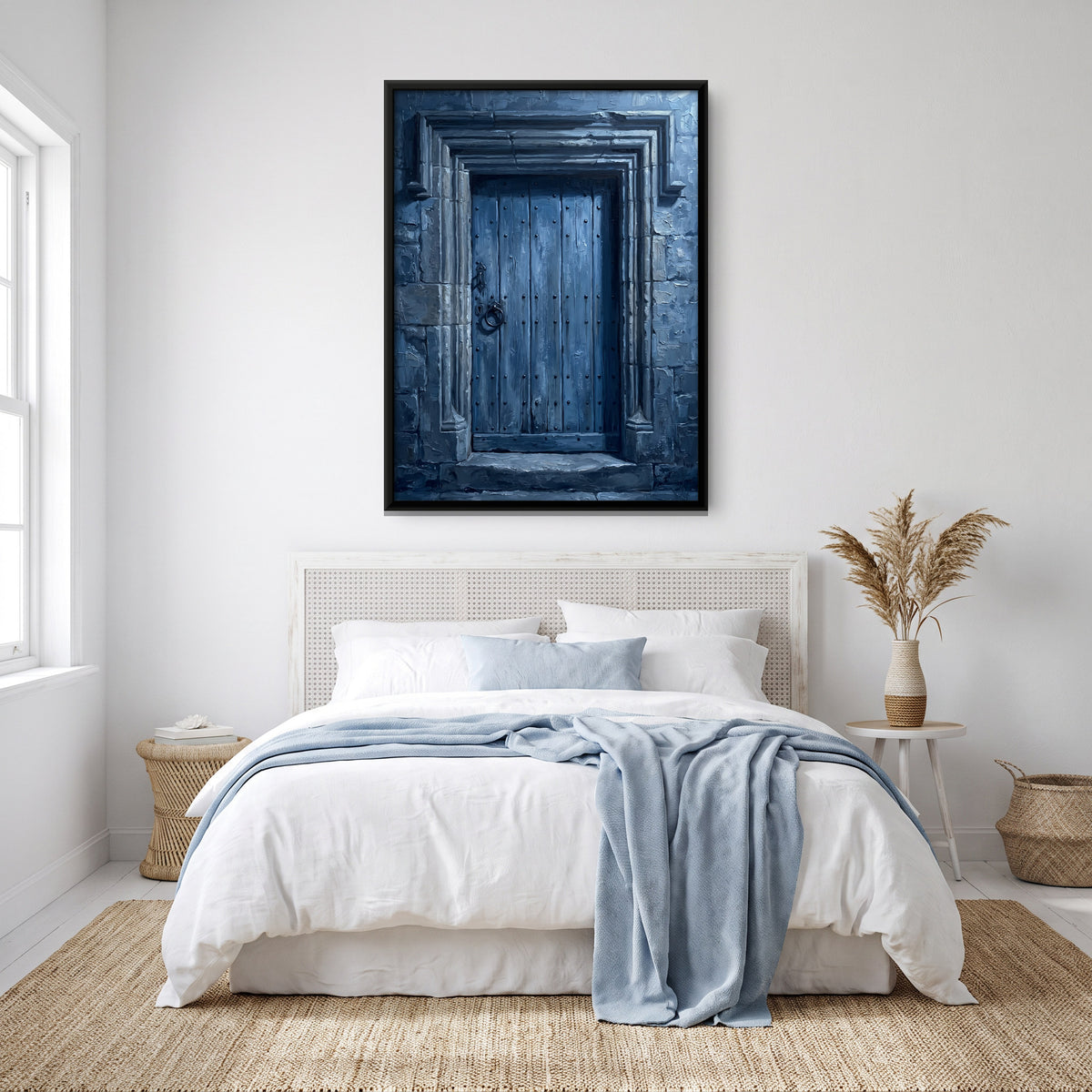 Blue Wooden Door in Stone Frame - canvas art shown in a styled room
