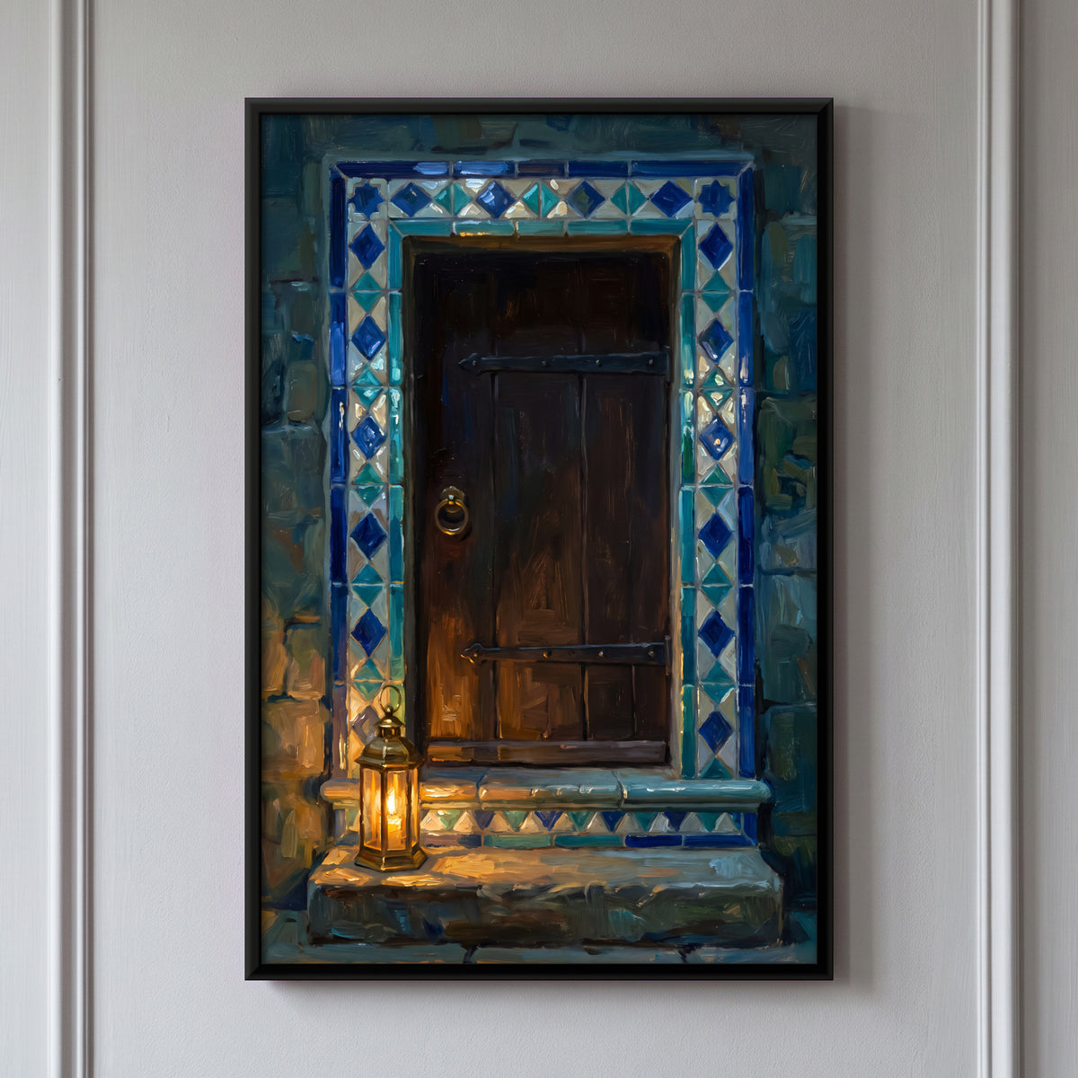 Wooden Door with Blue Tile Border - framed canvas art hung on a wall