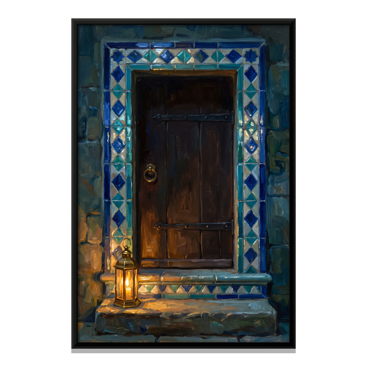 Wooden Door with Blue Tile Border - framed canvas print, front view