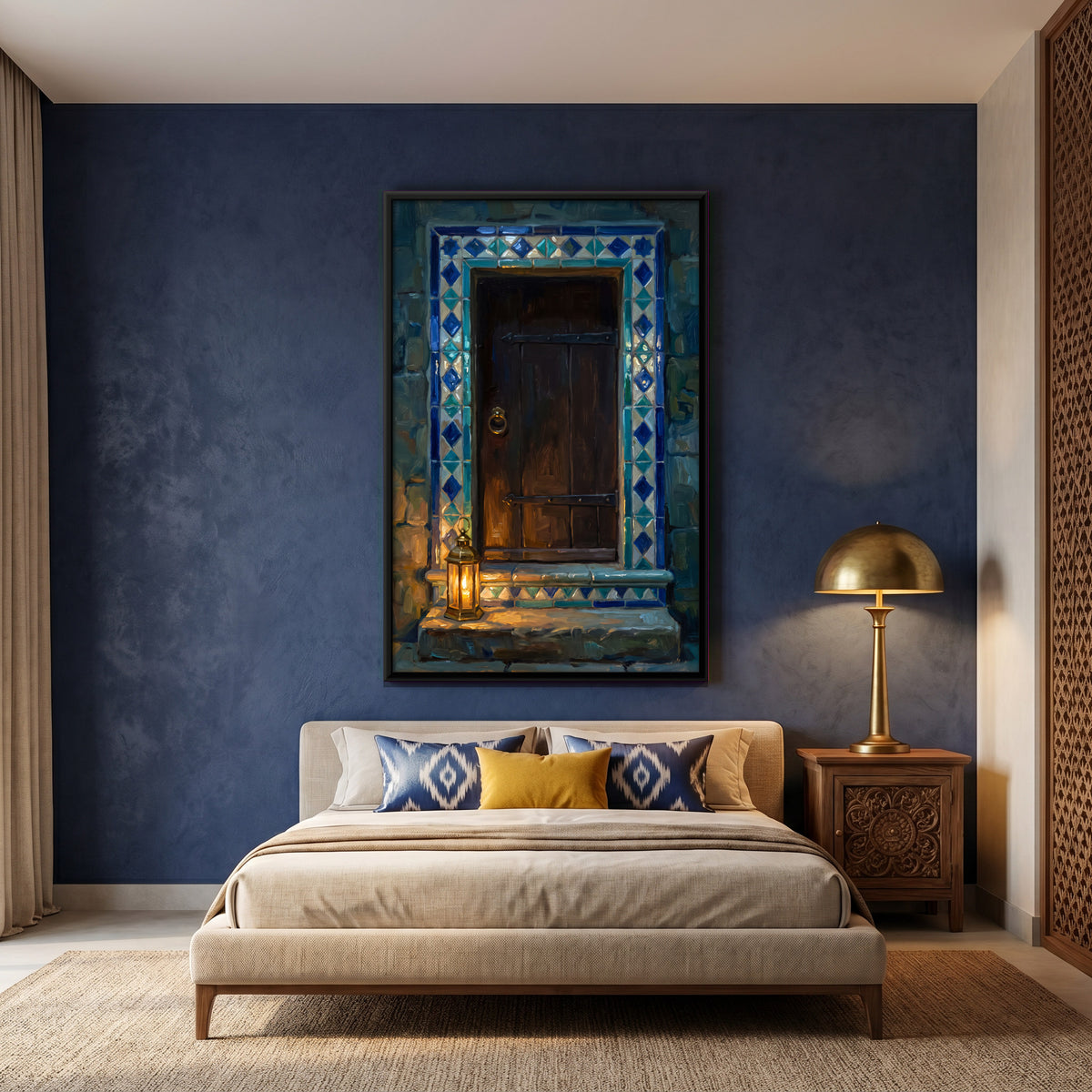 Wooden Door with Blue Tile Border - canvas art shown in a styled room