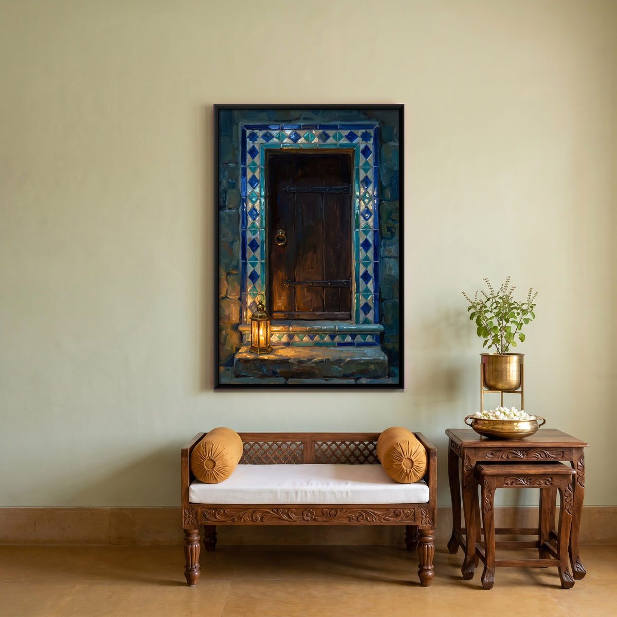 Wooden Door with Blue Tile Border - canvas art shown in a second room setting