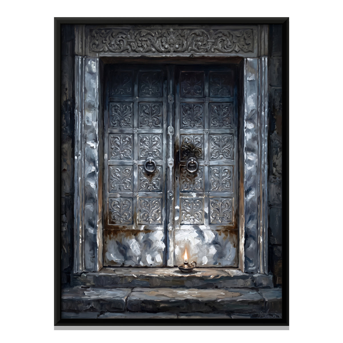 Silver Clad Doors with a Lamp - framed canvas print, front view