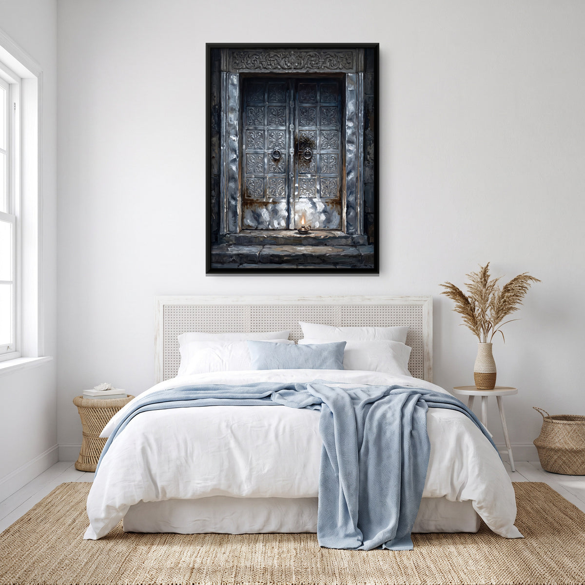 Silver Clad Doors with a Lamp - canvas art shown in a styled room