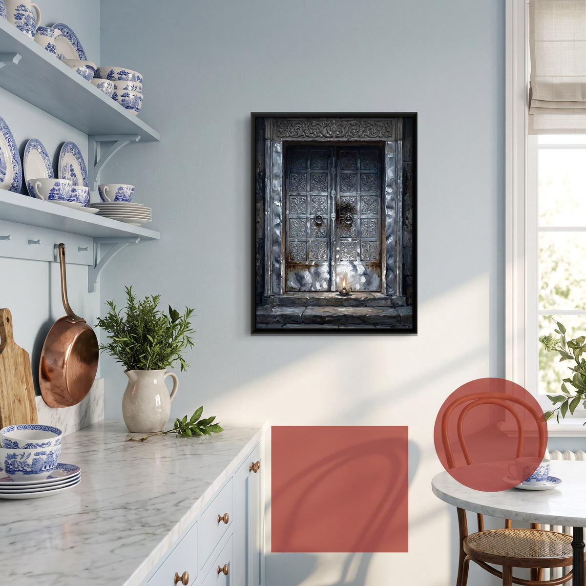 Silver Clad Doors with a Lamp - canvas art shown in a second room setting