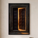 Ornate Carved Wooden Door Slightly Ajar