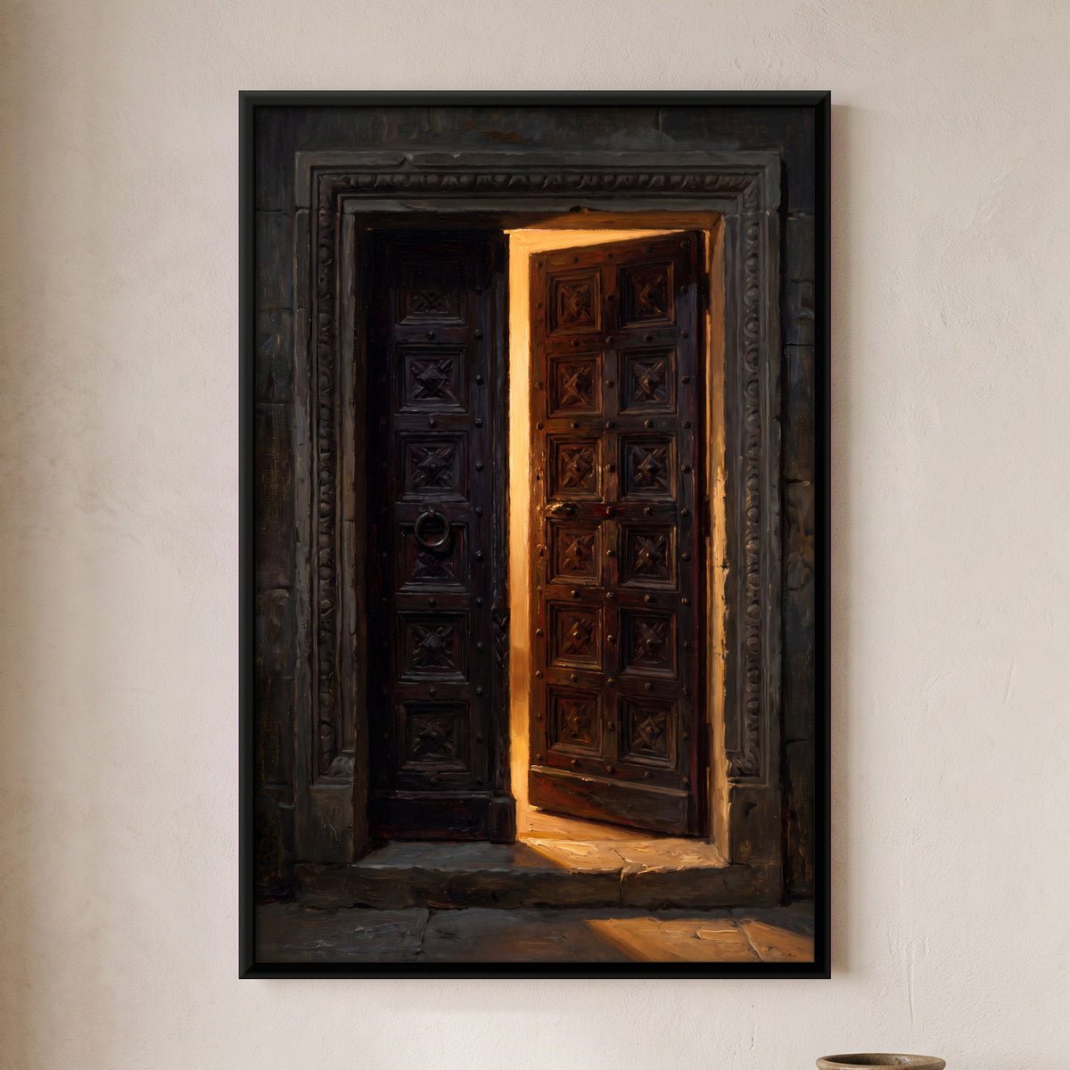 Carved Wooden Door Ajar - framed canvas art hung on a wall