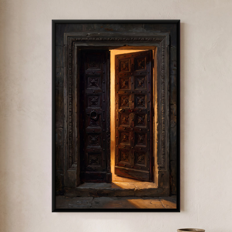 Carved Wooden Door Ajar - framed canvas art hung on a wall