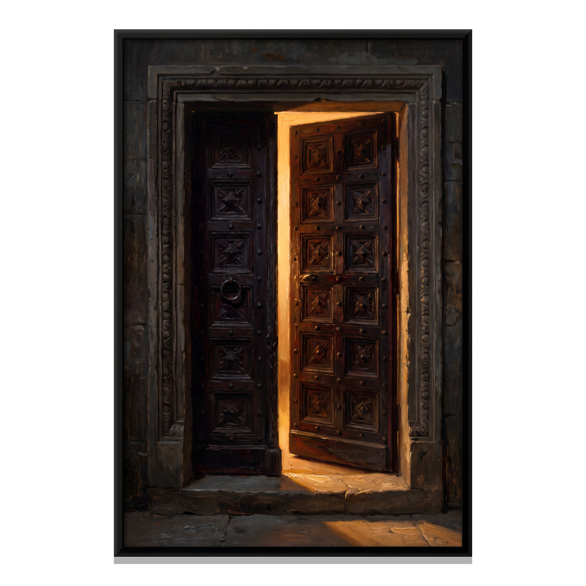 Carved Wooden Door Ajar - framed canvas print, front view