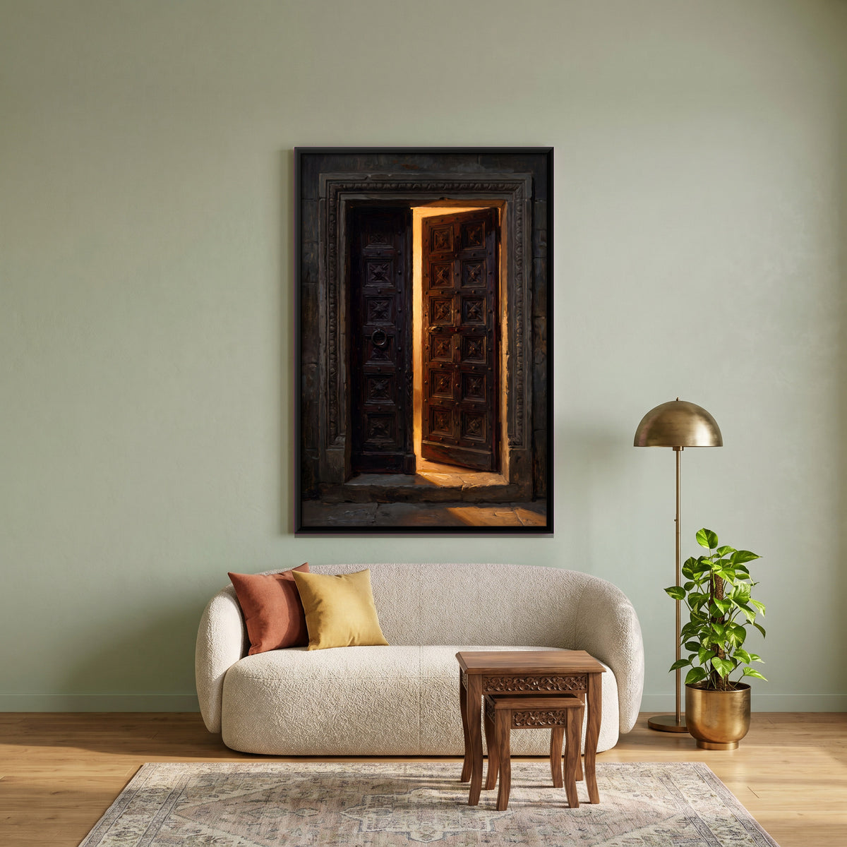Carved Wooden Door Ajar - canvas art shown in a second room setting