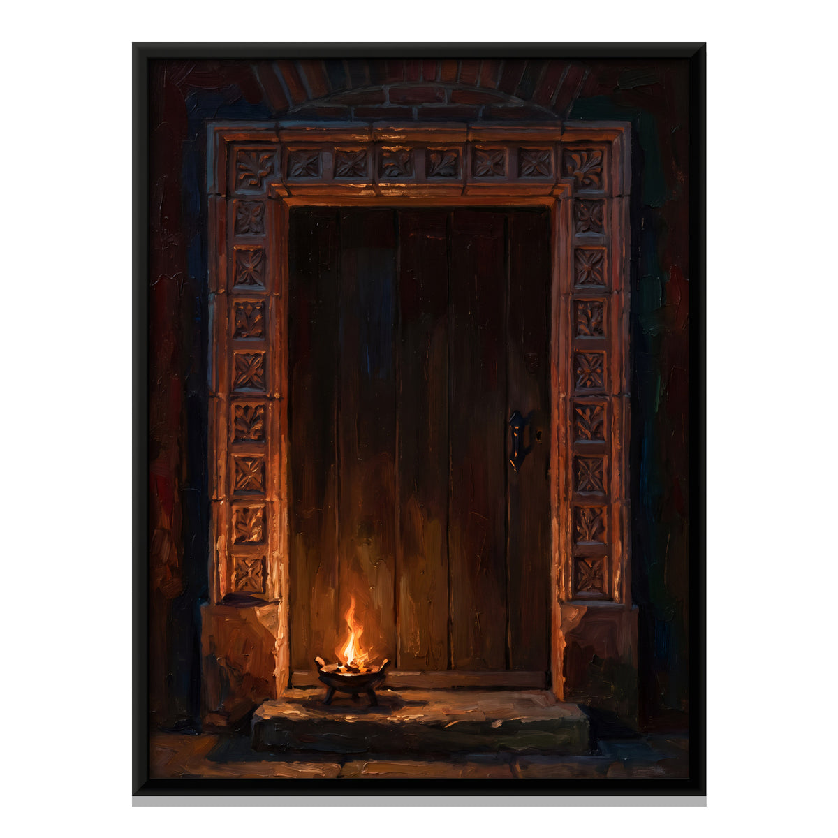 Carved Doorway by Lamplight - framed canvas print, front view