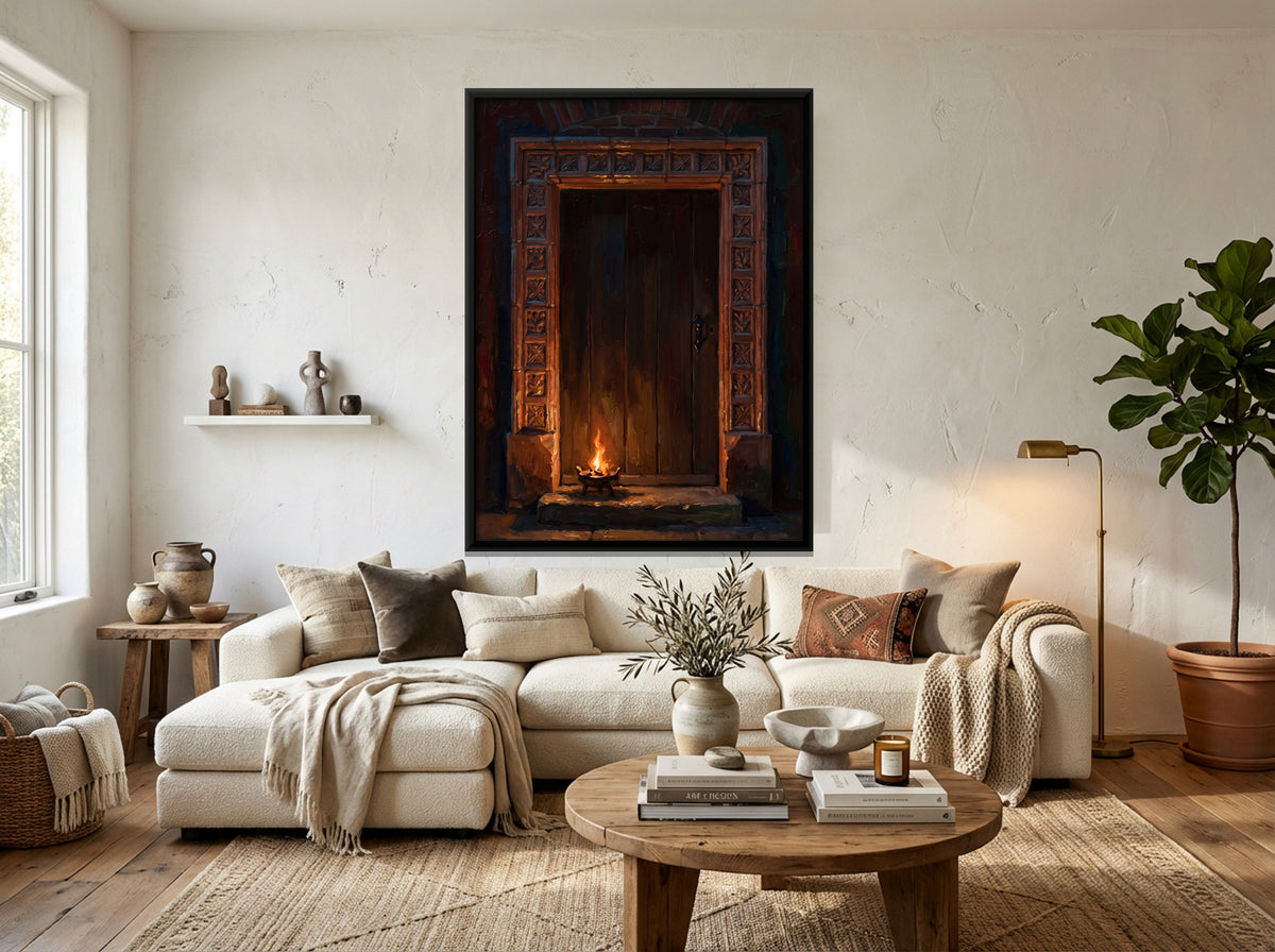 Carved Doorway by Lamplight - canvas art shown in a styled room