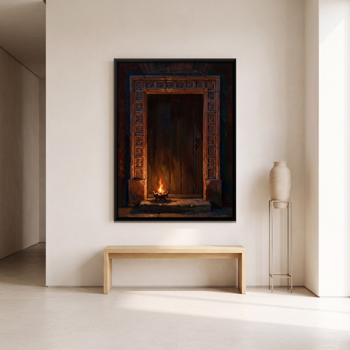 Carved Doorway by Lamplight - canvas art shown in a second room setting