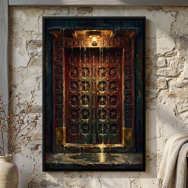 Brass Studded Door in the Rain