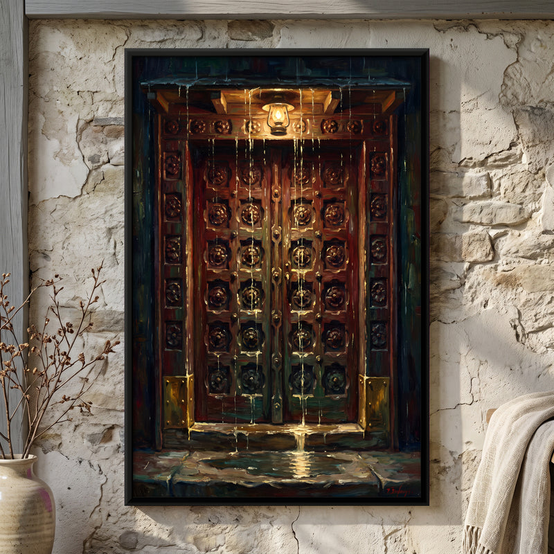 Brass Studded Door in the Rain - framed canvas art hung on a wall