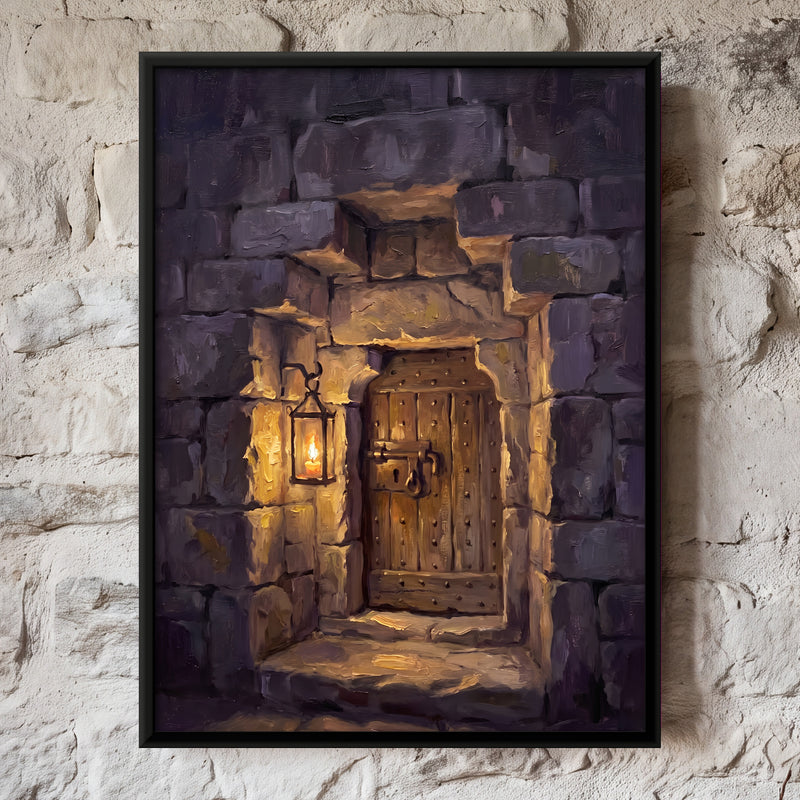 Lantern-Lit Stone Doorway - framed canvas art hung on a wall