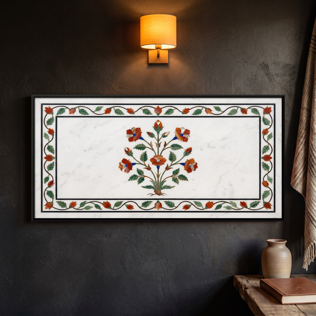 Flowering Plant in Marble Inlay - framed canvas art hung on a wall