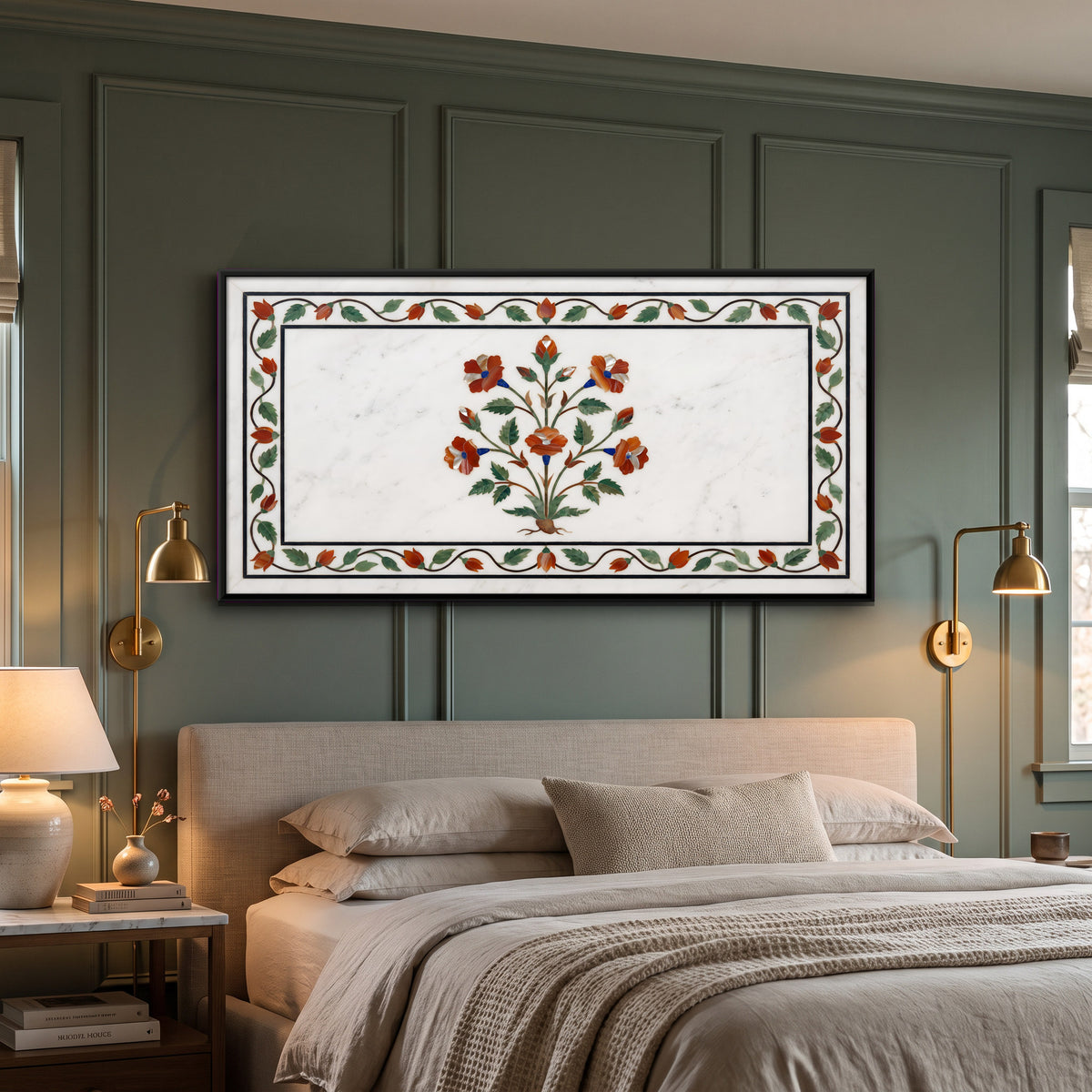 Flowering Plant in Marble Inlay - canvas art shown in a styled room