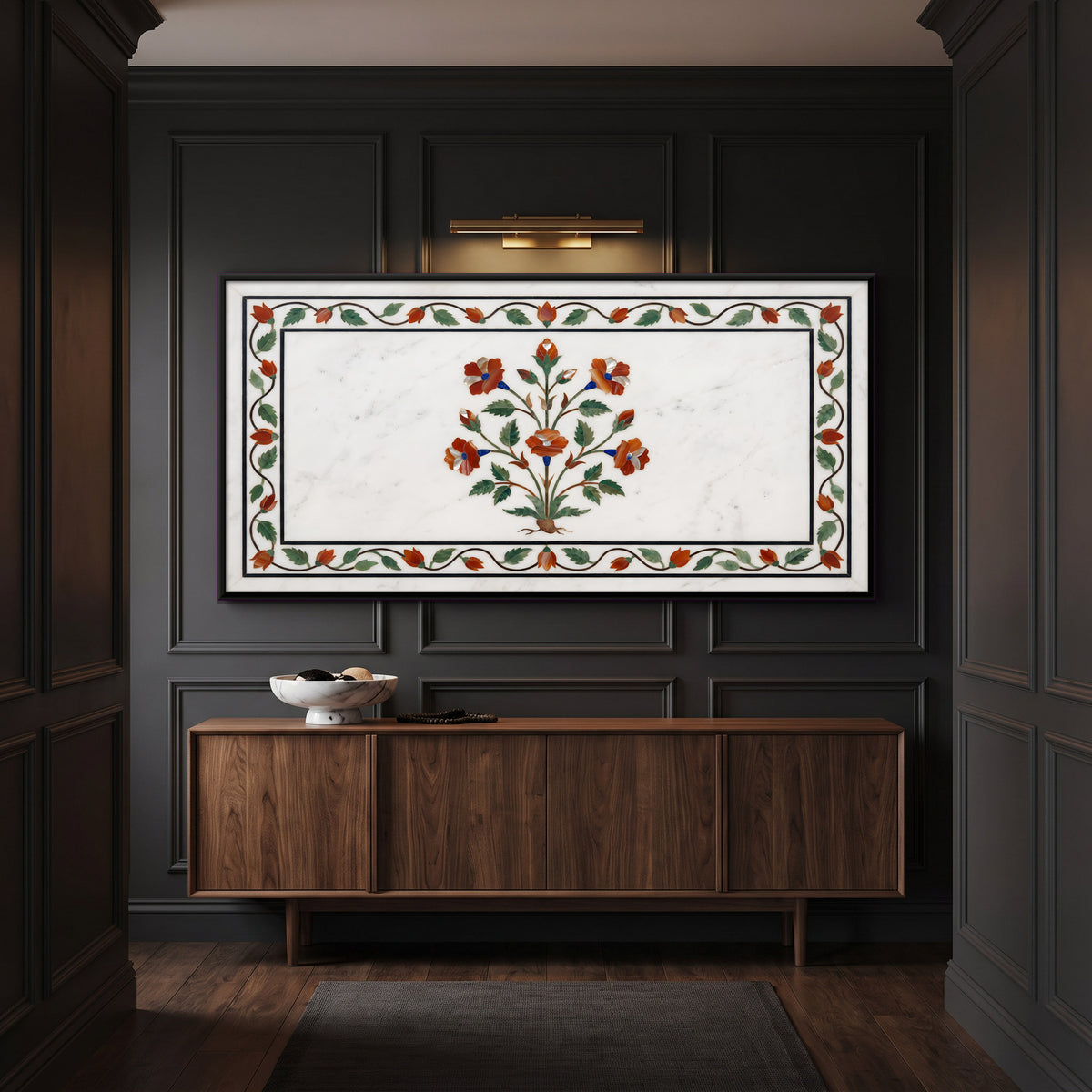 Flowering Plant in Marble Inlay - canvas art shown in a second room setting