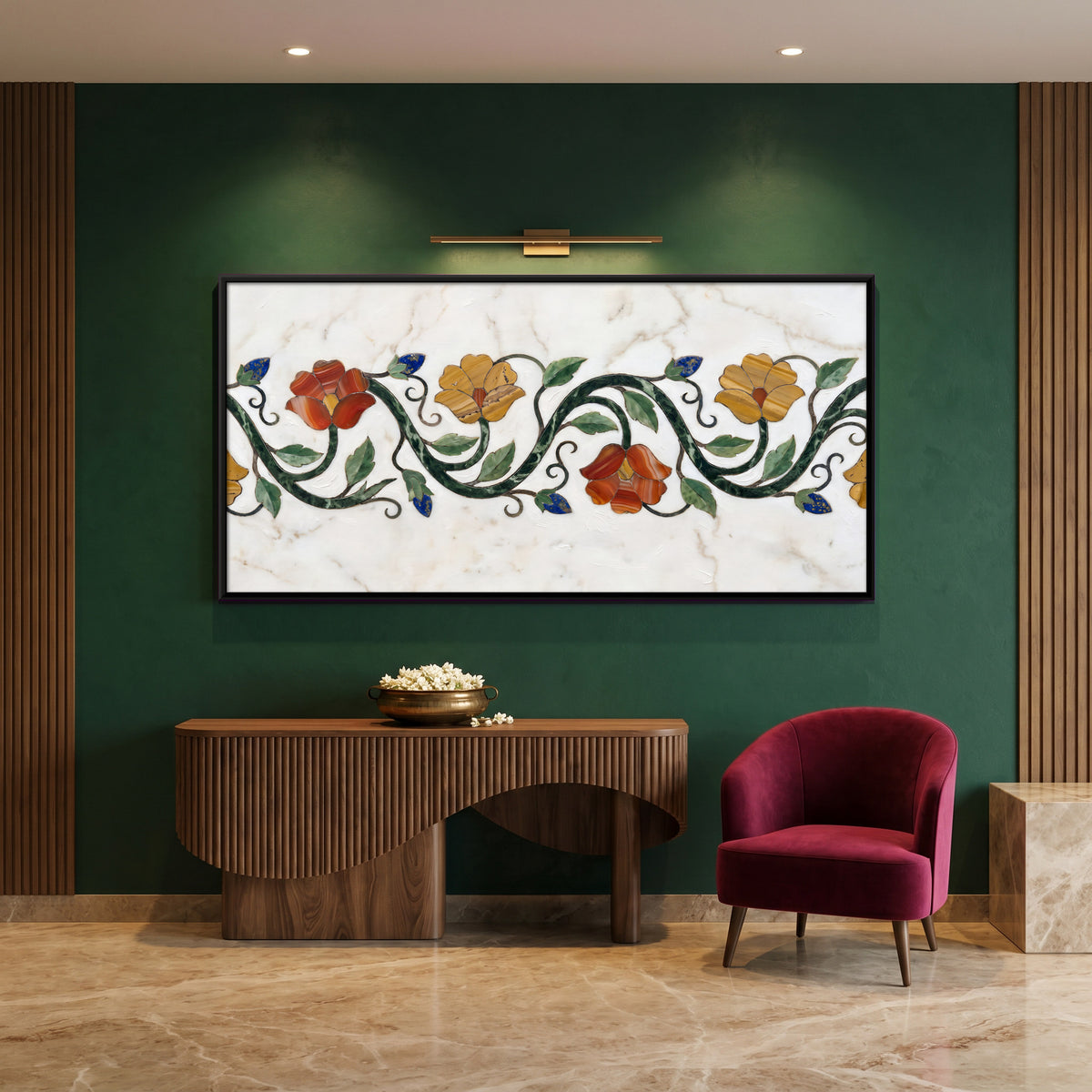 Flowering Vine in Marble Inlay - canvas art shown in a second room setting