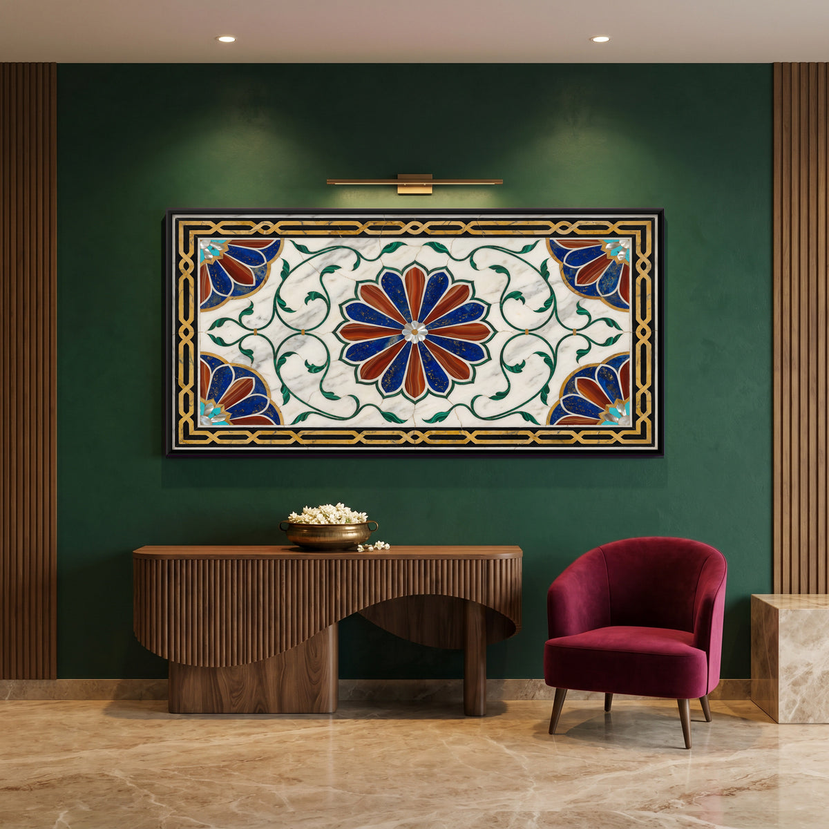 Rosette and Vines in Marble Inlay - canvas art shown in a styled room
