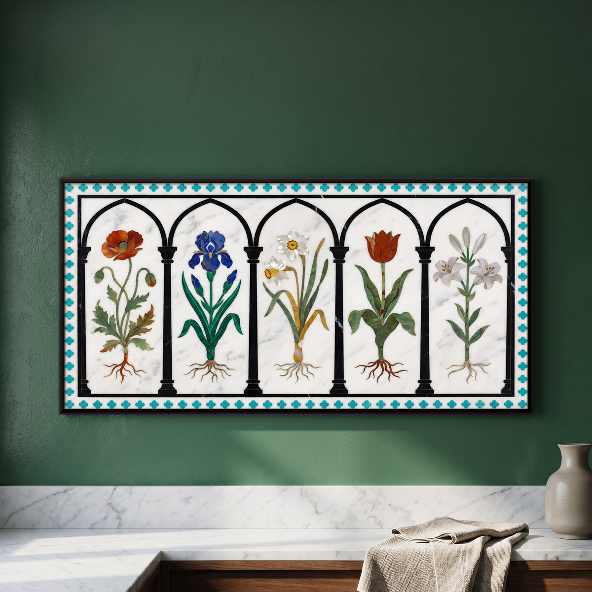 Flowering Plants in Arched Niches - framed canvas art hung on a wall