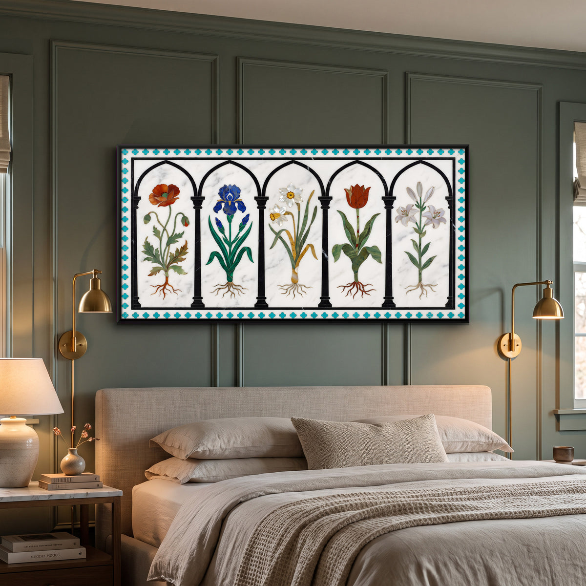 Flowering Plants in Arched Niches - canvas art shown in a styled room