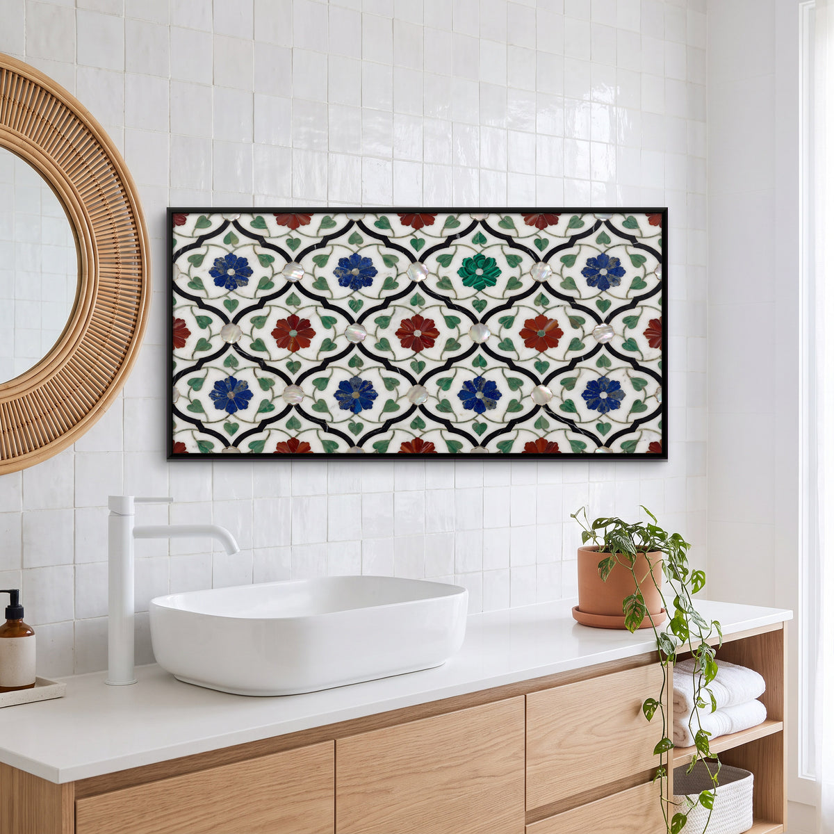 Floral Trellis in Marble Inlay - canvas art shown in a styled room