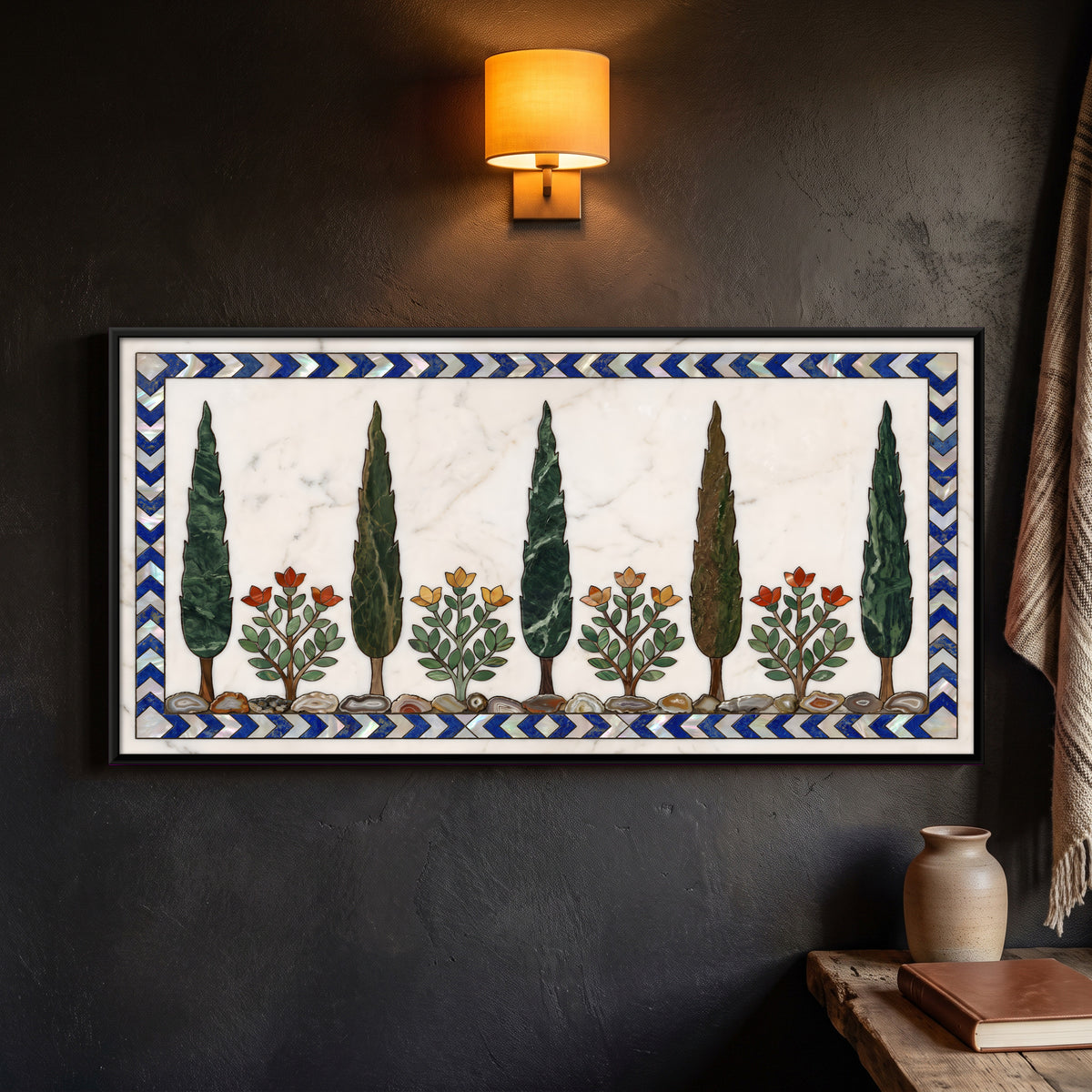 Cypresses and Flowers in Marble Inlay - framed canvas art hung on a wall