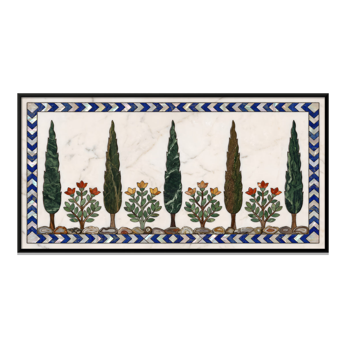 Cypresses and Flowers in Marble Inlay - framed canvas print, front view