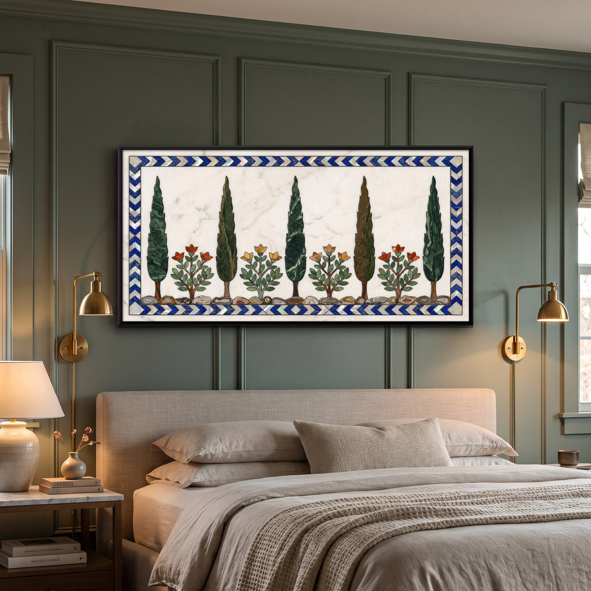 Cypresses and Flowers in Marble Inlay - canvas art shown in a styled room