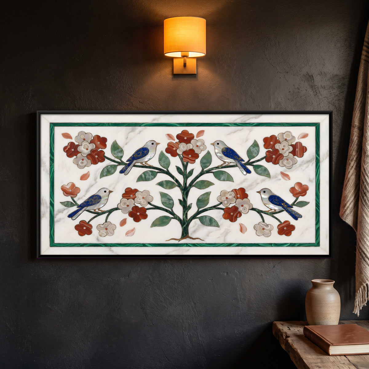 Marble Inlay Tree with Birds - framed canvas art hung on a wall