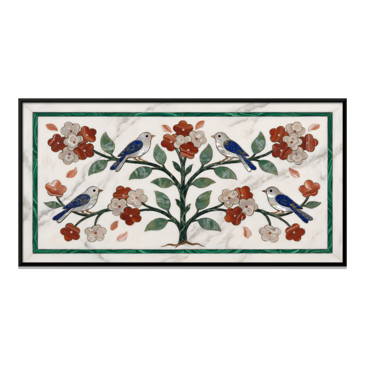 Marble Inlay Tree with Birds - framed canvas print, front view