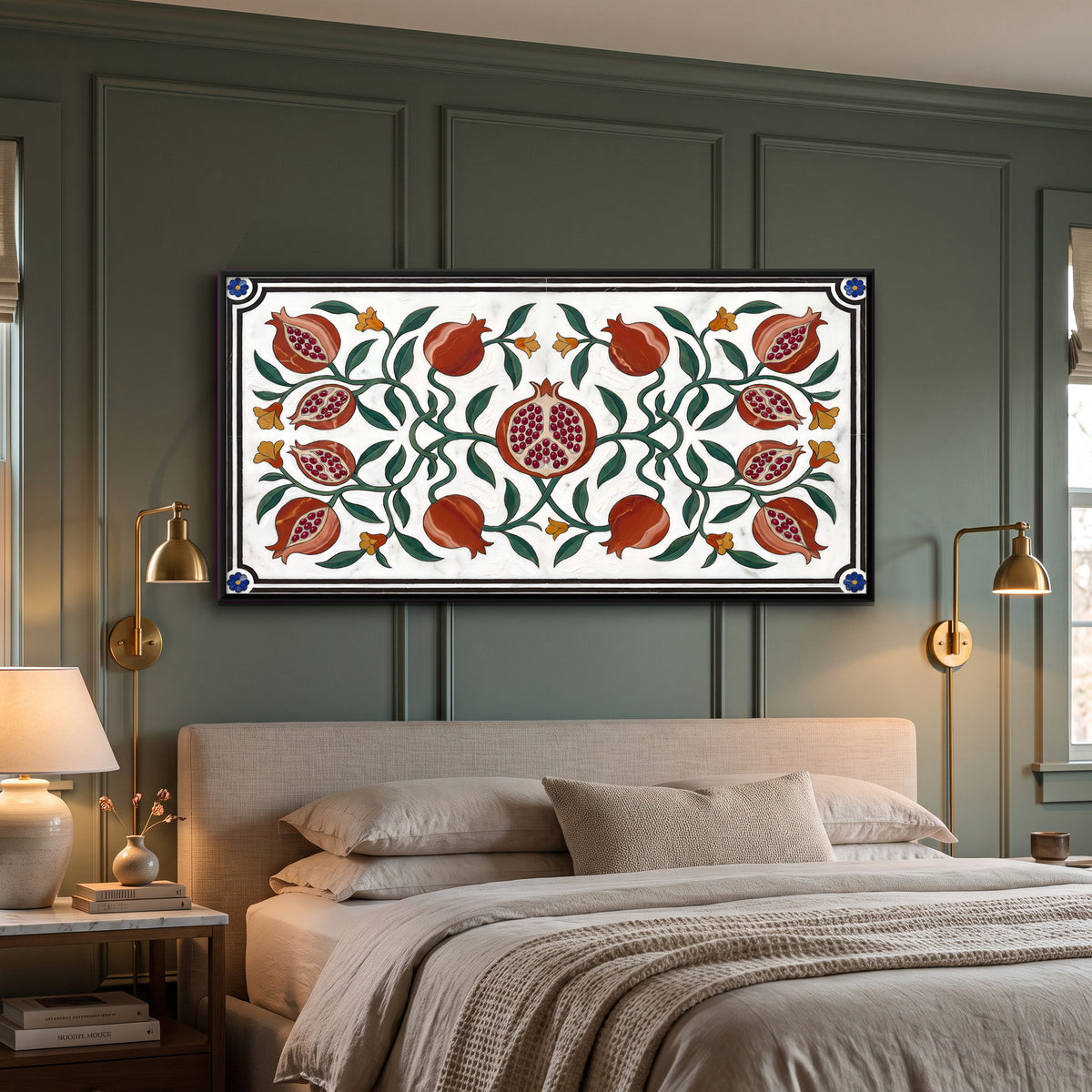 Marble Inlay Pomegranate Vine - canvas art shown in a styled room