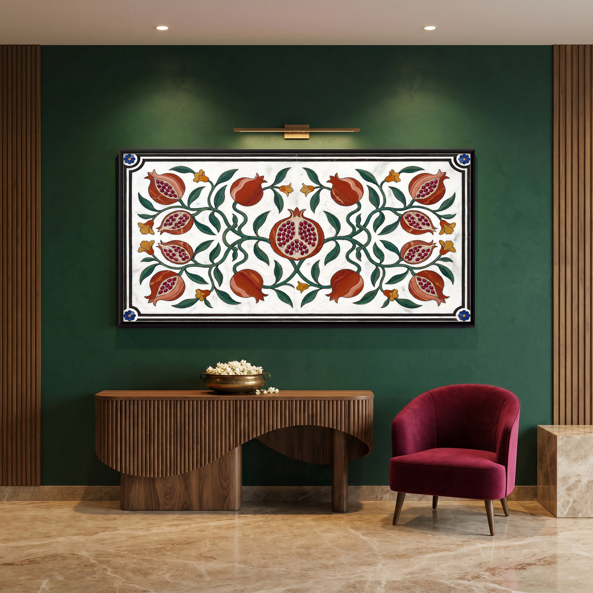 Marble Inlay Pomegranate Vine - canvas art shown in a second room setting