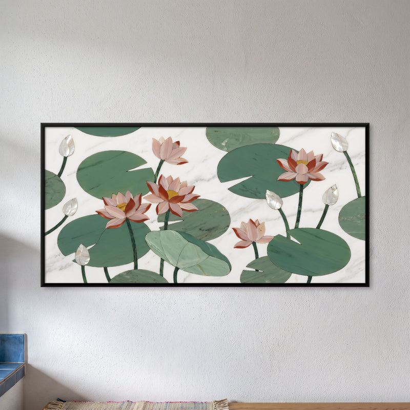 Marble Inlay Lotus and Lily Pads - framed canvas art hung on a wall