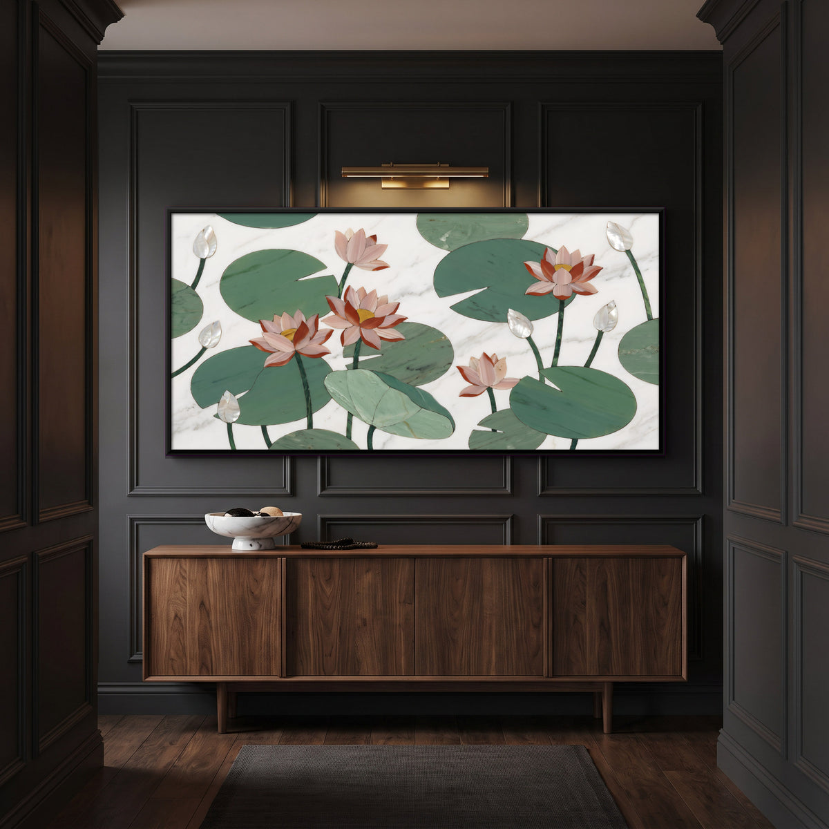 Marble Inlay Lotus and Lily Pads - canvas art shown in a styled room