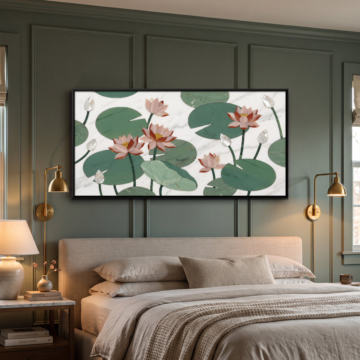 Marble Inlay Lotus and Lily Pads - canvas art shown in a second room setting