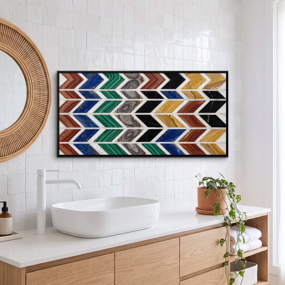 Chevron Bands in Marble Inlay - canvas art shown in a second room setting