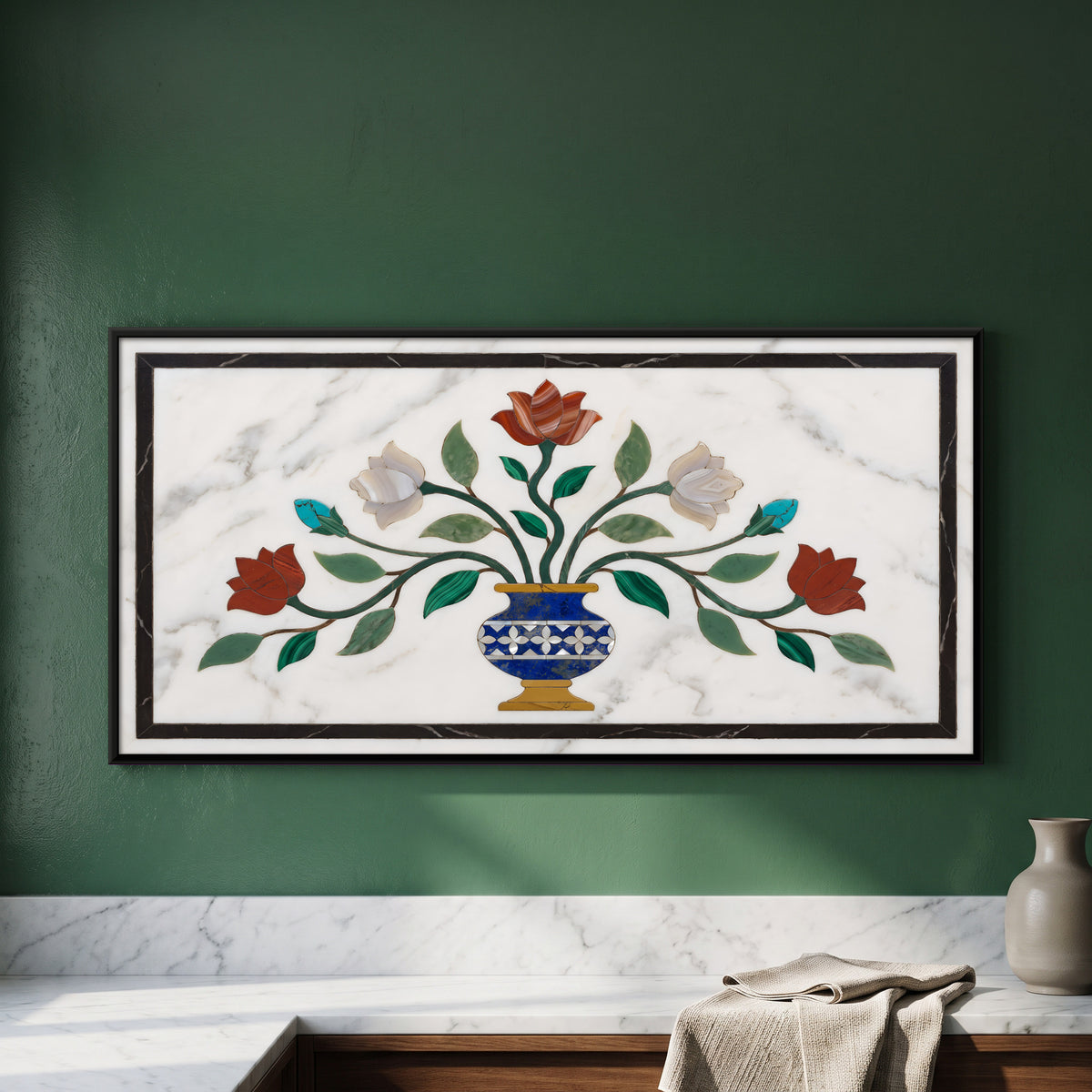 Flower Vase in Marble Inlay - framed canvas art hung on a wall