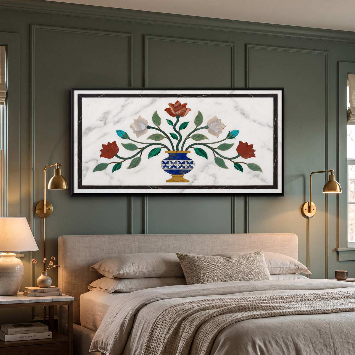 Flower Vase in Marble Inlay - canvas art shown in a styled room