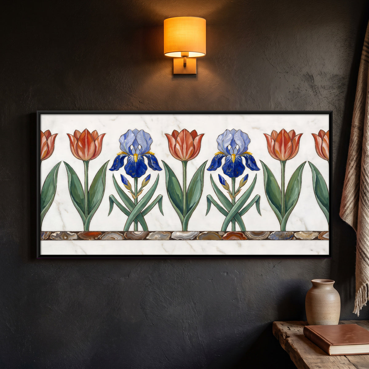 Tulips and Irises on White Marble - framed canvas art hung on a wall